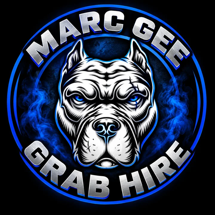 Marc Gee Grab Hire emblem: a white bulldog head inside a blue ring